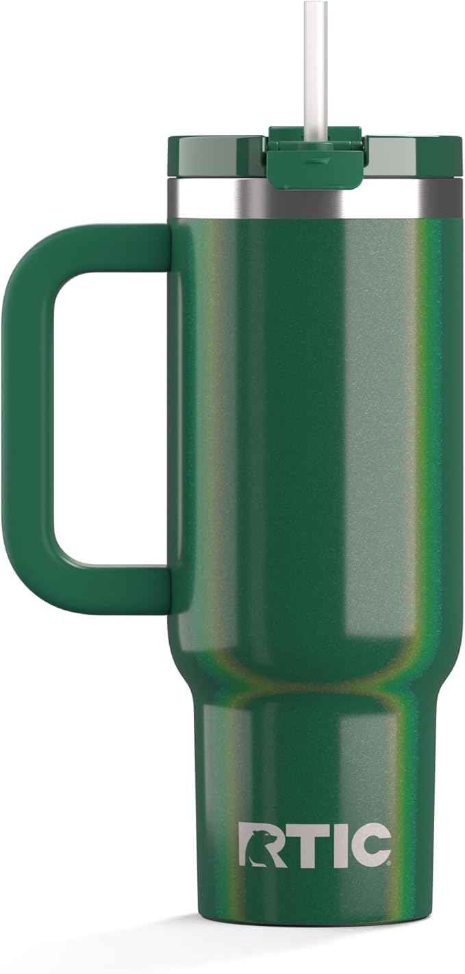 RTIC 30 oz Road Trip Tumbler Double-Walled Ceramic Lined InsulatedStainless Steel Portable Travel Coffee Mug Cup with Lid, Handle and Straw, Pine Tree Glitter