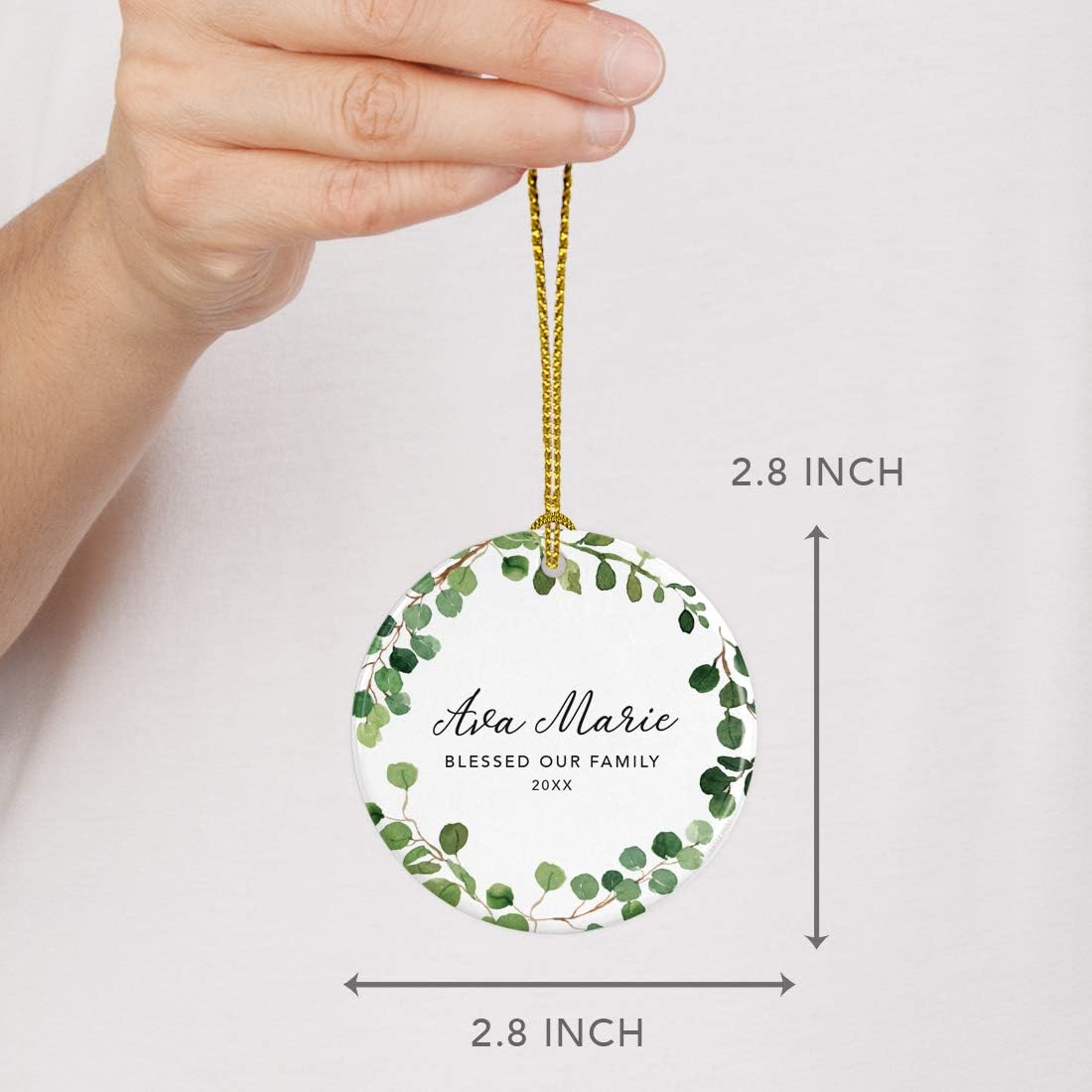 Andaz Press Personalized Round Ceramic Porcelain Christmas Ornament Keepsake Adoption New Baby Gift, A Blessing from God, Ava Marie Carter Adopted 2025, Farmhouse Eucalyptus Wreath, 1-Packs
