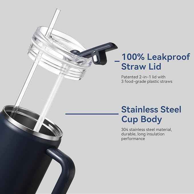Gpeng 30/40/50 oz Tumbler with Handle, Water Bottles with Straw Lid, Insulated Stainless Steel Travel Mug Cup Holder Friendly, Keep Drinks Cold or Hot for Hours (DeepBlue, 40 oz)