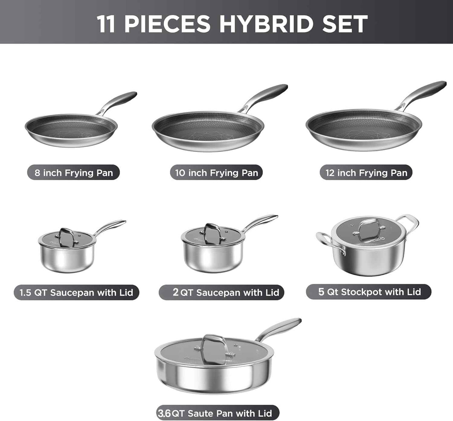 COOKER KING Stainless Steel Cookware Set, 11 Pcs Pots and Pans Set, Hybrid Ceramic Cookware,Non-Stick Frying Pans, Saucepans, Saute Pan & Stock Pot, Non-Toxic, Oven Safe, Induction Compatible