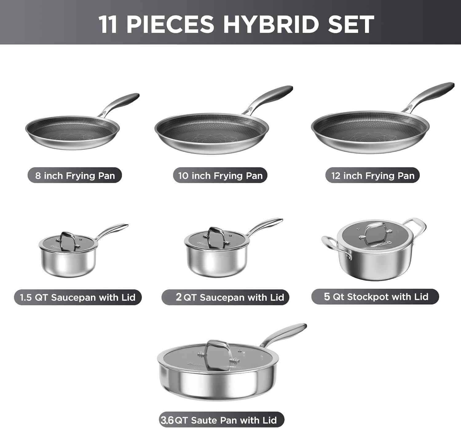 COOKER KING Stainless Steel Cookware Set, 11 Pcs Pots and Pans Set, Hybrid Ceramic Cookware,Non-Stick Frying Pans, Saucepans, Saute Pan & Stock Pot, Non-Toxic, Oven Safe, Induction Compatible