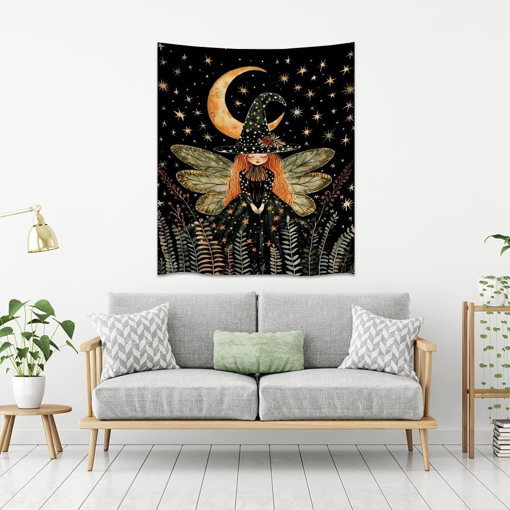 Dark Academia Witch Fairy Tapestry Wall Hanging Magical Moon Starry Night Art Print Halloween Witchy Artwork Aesthetic Wall Tapestries for Girls Bedroom Living Room Dorm Decoration 70x90inch