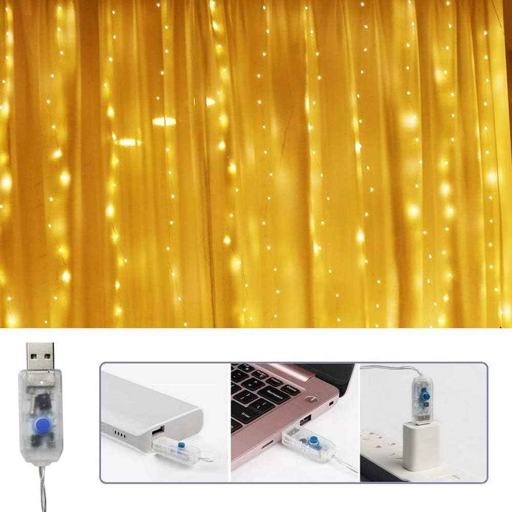 Curtain Lights 300 LED String Lights, Window Hanging Lights USB Powered 8 Lighting Modes & Timer Remote Dimmable Copper Lights for Bedroom, Home, Party, Wall Decor-9.8ft x 9.8ft(Warm White)