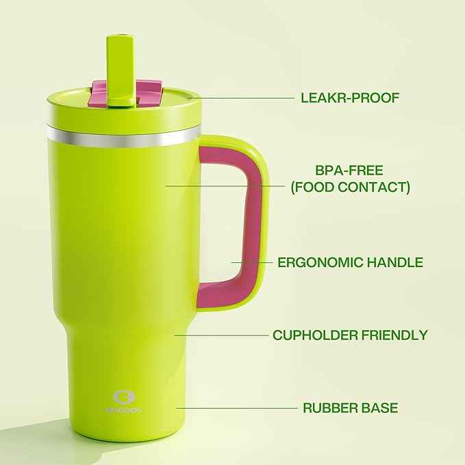 32 oz Tumbler with Handle and Straw: Stainless Steel Insulated Tumbler Keeps Cold for 24 Hours, Leakproof Travel Cup Fits in Cup Holder and BPA-Free,Acid Green