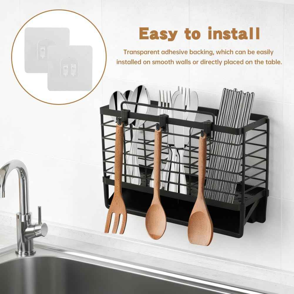 3-Compartment Dish Drying Rack for Kitchen, Carbon Steel Utensil Holder with Drain Tray, Utensil Caddy Organizer for Knives, Forks, Spoons, Chopsticks, Wall Mount or Countertop(COLOR:Black)