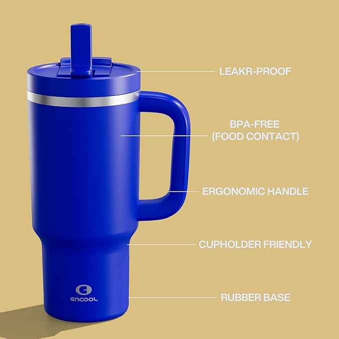 32 oz Tumbler with Handle and Straw: Stainless Steel Insulated Tumbler Keeps Cold for 24 Hours, Leakproof Travel Cup Fits in Cup Holder and BPA-Free,Royal Blue