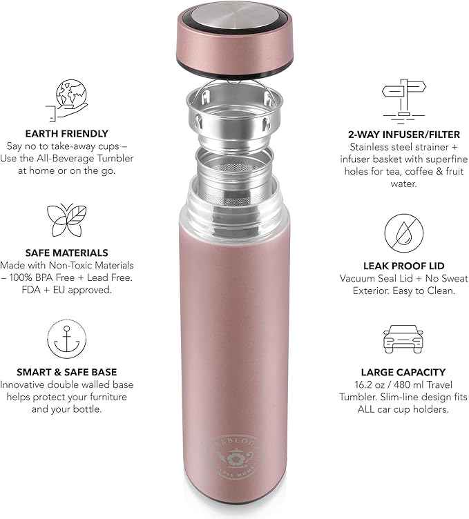 Teabloom - The ORIGINAL All-Brew Travel Tumbler & Thermos | OPRAH’s Favorite | 16oz/480ml Stainless Steel Insulated Water Bottle/Tea Flask/Cold Brew Coffee Mug