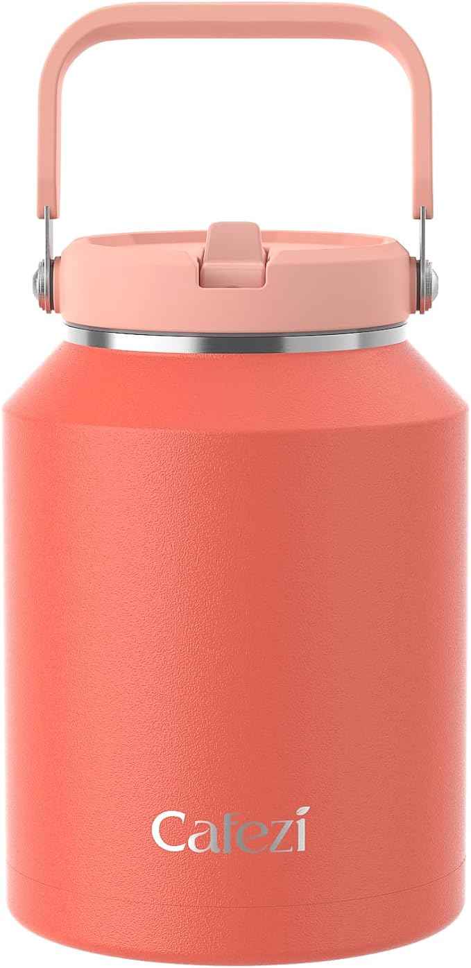 64 oz Insulated Water Bottle with Flip Straw, Vacuum Insulated Stainless Steel Jug with Top Handle, Leak-Proof Lid, Sweat-Free, Wide Mouth, Keeps Ice Cold up to 34 Hours