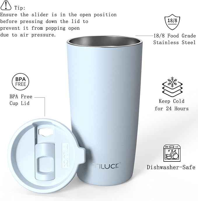 TILUCK 20 oz Insulated Tumbler with BPA-Free Lid, Stainless Steel Vacuum Travel Coffee Mug, Double Wall Coffee Tumbler（20oz，Matte LightBlue）