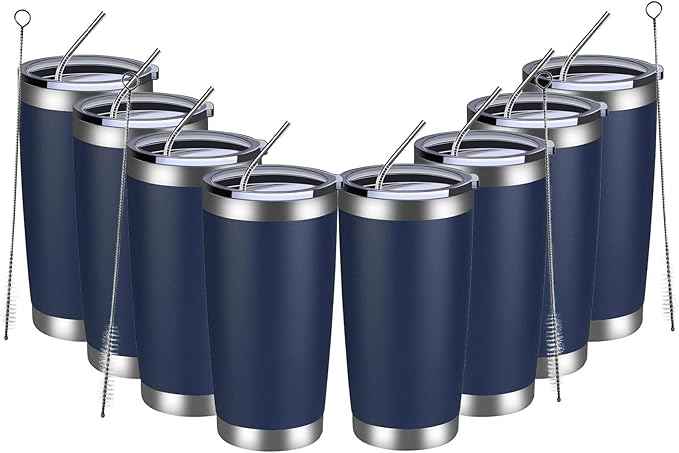 MEWAY 20oz Tumbler 8 Pack Double Wall Vacuum Insulated Travel Mug Bulk, Stainless Steel Tumblers with Lid and Straw, Durable Powder Coated Coffee Cups for Cold & Hot Drinks (Navy, 8)