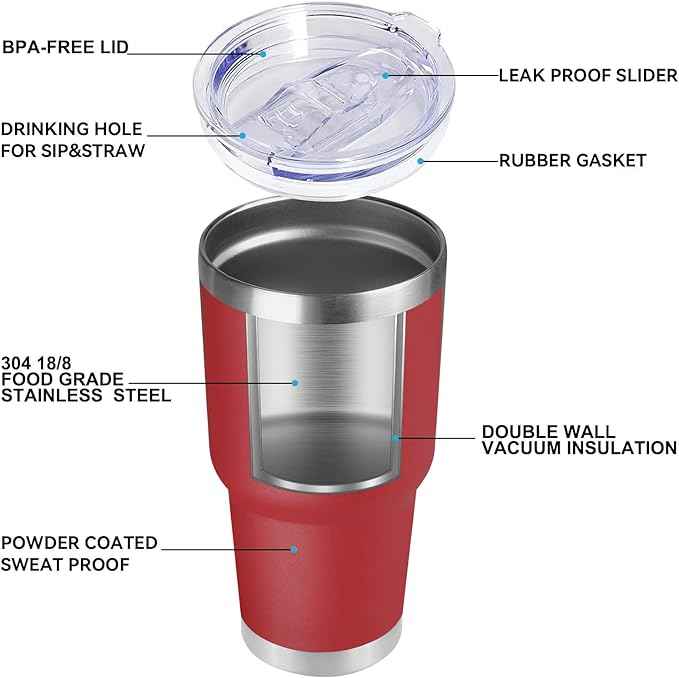 DOMICARE 30 oz Tumbler with Lid and Straw, Stainless Steel Tumblers Bulk, Insulated Vacuum Double Wall Travel Coffee Mug, Durable Powder Coated Tumbler Cups (Red, 4)