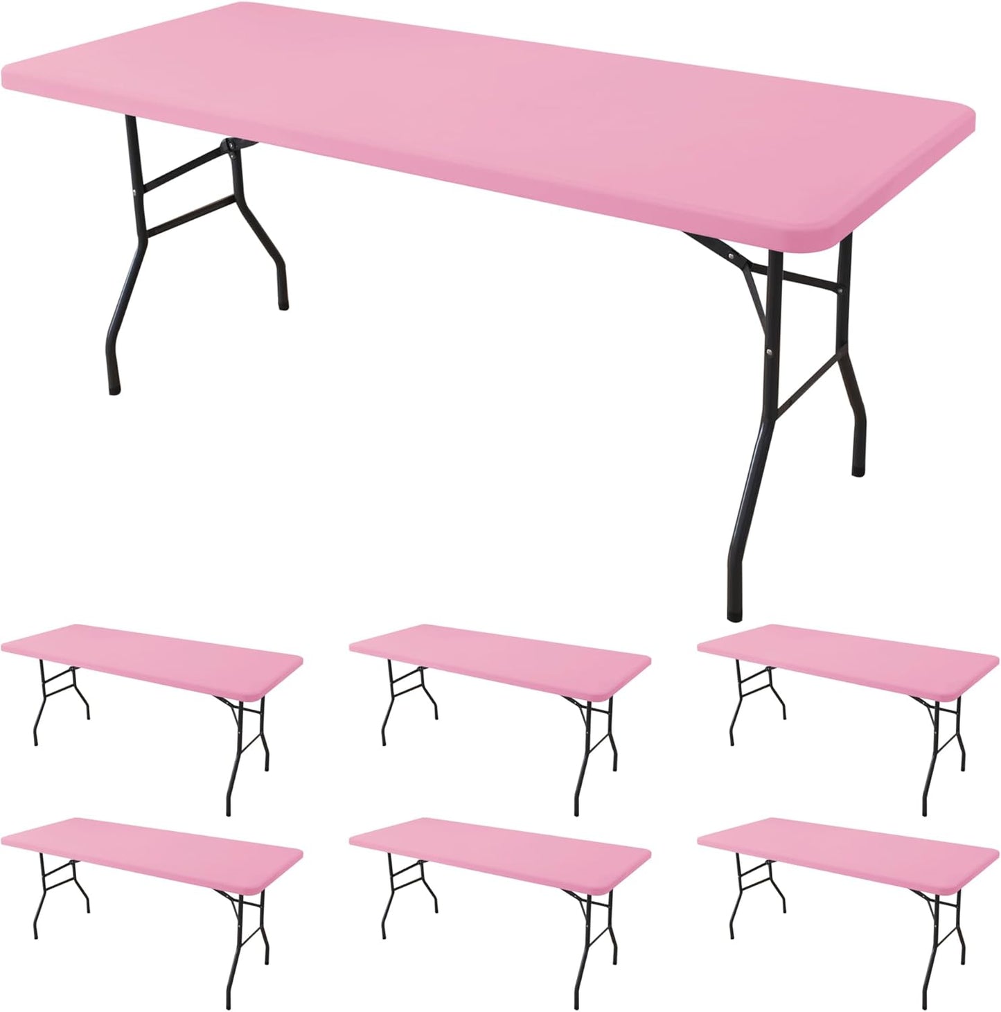 Fitted Tablecloth for 6 Foot Rectangle Tables-6 Pack Pink Elastic Outdoor Picnic Table Cover-Spandex Stretch Folding Table Cloths 6 ft for Camping Dining Room Patio Kitchen Banquet Party