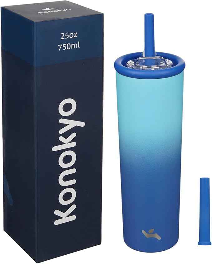 Konokyo 25oz Insulated Tumbler with Lid and Straw, Reusable Iced Coffee Cup with Lid, Travel Coffee Mug, BPA-Free, Leak-Proof and Durable, Sky