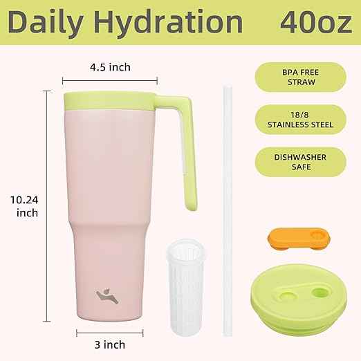 Konokyo Insulated Tumbler with Handle and Straw,40 OZ Vacuum Stainless Steel Water Bottle Travel Mug Metal Cup with Fruit Diffuser,Cherry