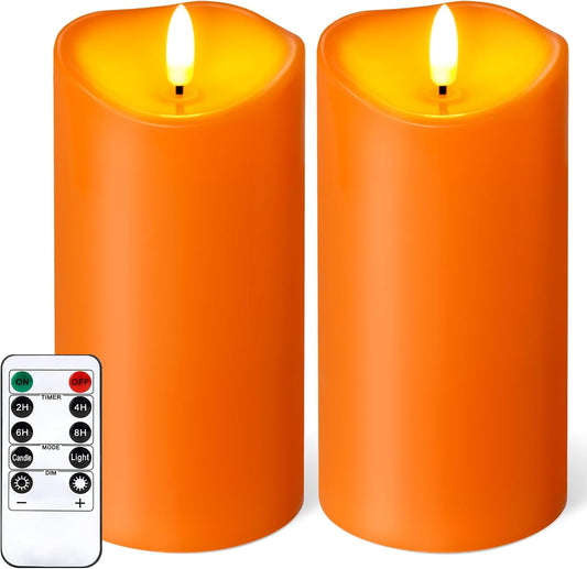 Outdoor Flameless Candles with Remote Timer - Waterproof Realistic Flickering LED Pillar Electric Battery Operated Fake Candle for Halloween Holiday Home Fireplace Decor - Orange 2 Pack (6"6")