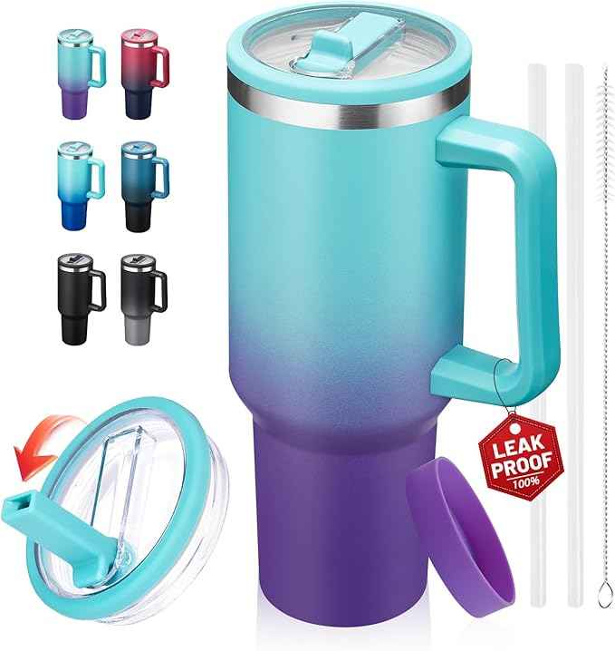 ICIOI 40oz Stainless Steel Tumbler with Handle, Flip Straw Lid, Spill Proof Metal Mug (Cold-34H, Hot-10H) - Travel Coffee Cup That Fits in Cup Holder, for Gym & Work