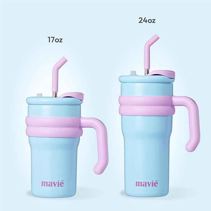17oz Tumbler With Handle & Metal Straw + Silicone Cover & Sip Spout, Double Insulated Stainless Steel Water Bottle With Rubber Base, Leakproof, Cup Holder Friendly Travel Coffee Mug (Blue)