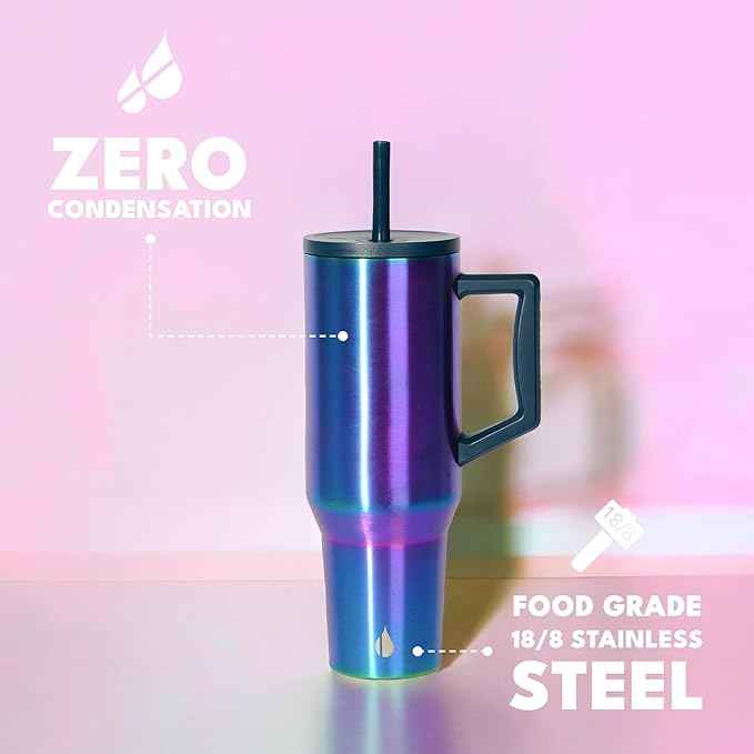 Elemental 40 oz Tumbler with Handle and Straw - Spill Proof Insulated Stainless Steel Commuter for Cold Beverages - Travel Coffee Mug with 2 Straws & Spill Proof Lid - 40oz - Iridescent