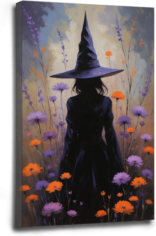 Country wildflower witch canvas print halloween mashup art witch purple decoration bohemian elegant art poster24x36in Wood Framed