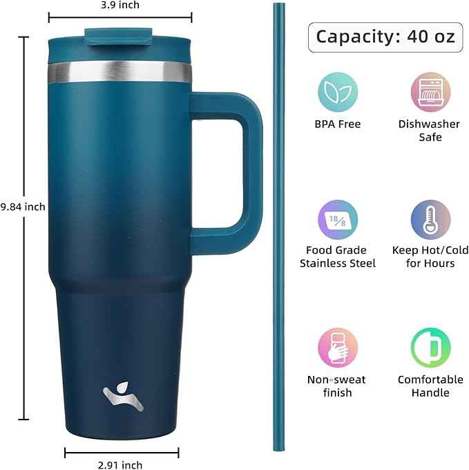 Konokyo 40 oz Tumbler with Handle and 2 Straws,2 in 1 Lid Insulated Water Bottle Stainless Steel Travel Coffee Mug,Indigo Black