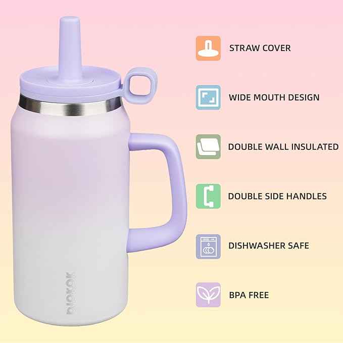 BJPKPK 50oz Insulated Tumbler with Handle Stainless Steel Travel Coffee Mug With Lid Reusable Large Water Bottle with Straw,Purple Pearl