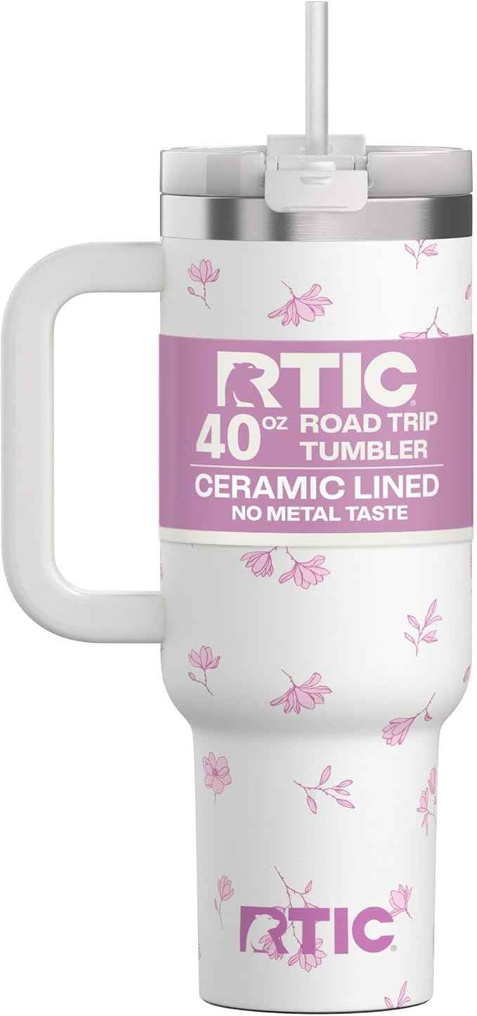 RTIC 40 oz Road Trip Tumbler Double-Walled Cermaic Lined Insulated Stainless Steel Portable Travel Coffee Mug Cup with Lid, Handle and Straw, Pink Magnolias