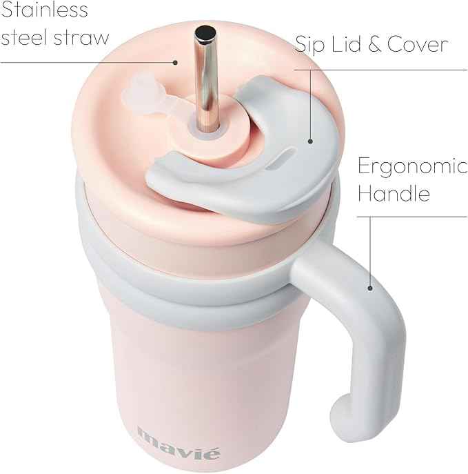 24oz Tumbler With Handle & Metal Straw + Silicone Cover & Sip Spout, Double Insulated Stainless Steel Water Bottle With Rubber Base, Leakproof Cup Holder Friendly Travel Coffee Mug (Light Pink)