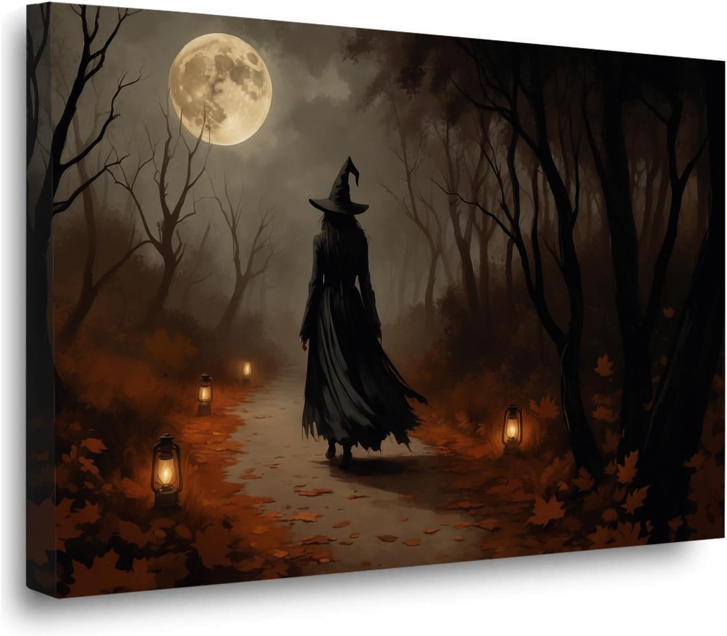 Moonlight witch poster dim lantern Halloween decoration Gothic style dark retro college style canvas wall art suitable for living room bedroom8x12in Wood Framed