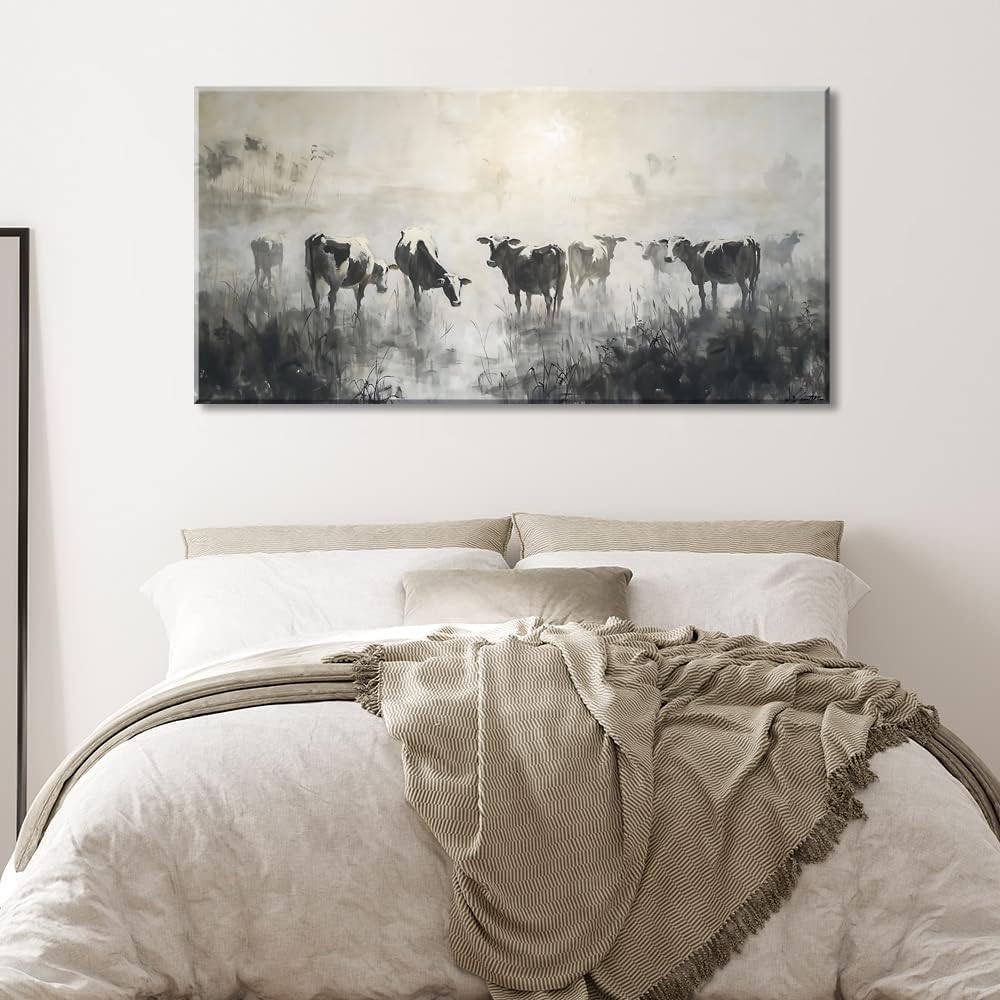 LASMOND Black and White Cow Wall Art for Living Room Ink Wash Canvas Painting Prints Morning Cattle Vintage Country Farmhouse Artwork Bedroom Office Decor (46x23 Inches)