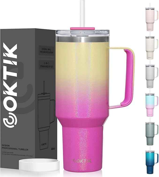 COKTIK 40 oz Tumbler With Handle and Straw, Insulated Tumbler With Leakproof Lids, Stainless Steel|BPA-Free, Cold for 24 H (Glitter Rainbow)