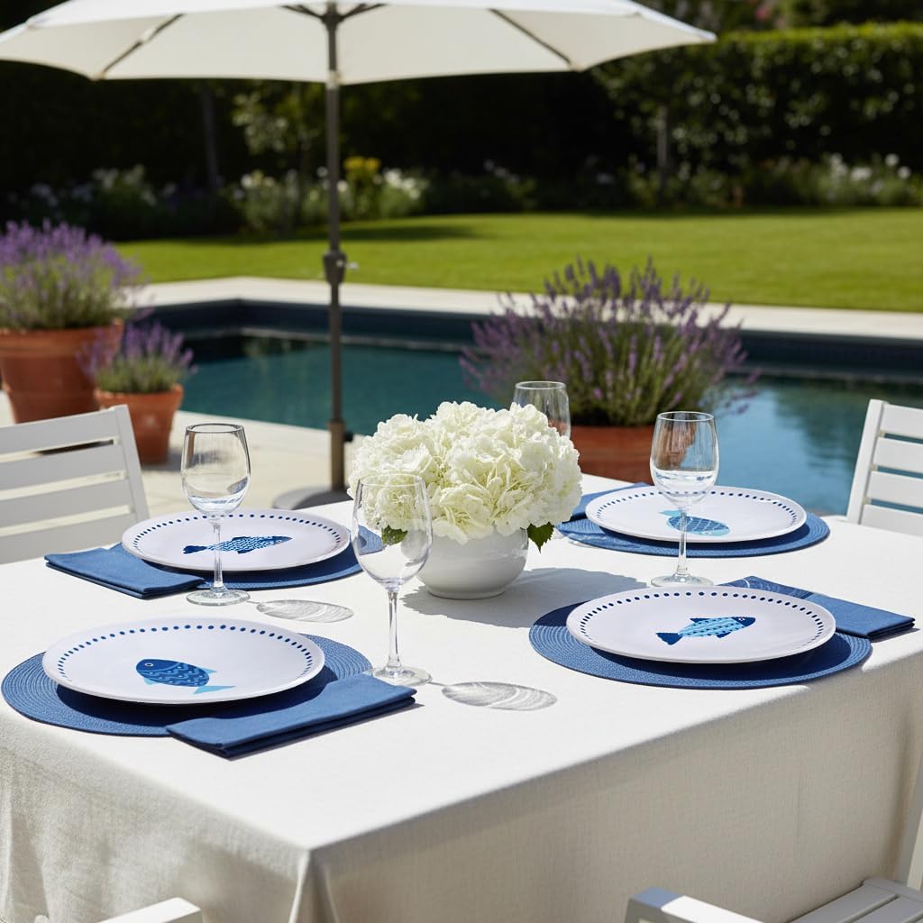 10 Inch Melamine Dinner Plates Set of 4 – Lightweight & Break-Resistant Dishes, Coastal Blue Ocean Fish Design, Reusable Plates for Indoor/Outdoor Use, Unbreakable Dessert Plate