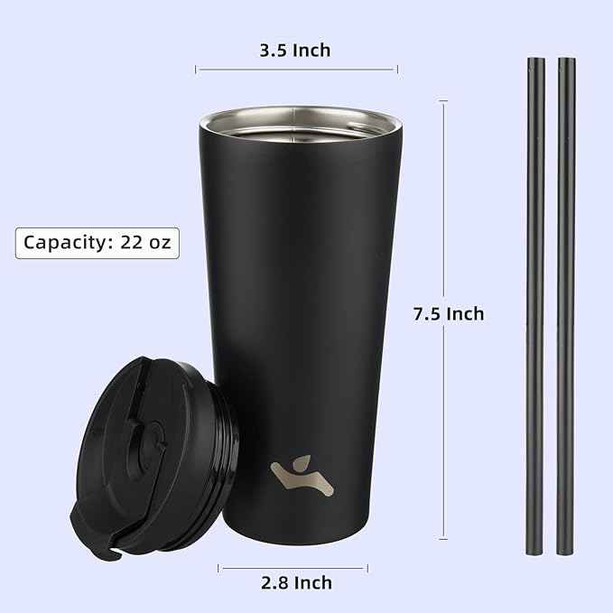 Konokyo 22 OZ Insulated Tumbler with Lid and 2 Straws Stainless Steel Water Bottle Vacuum Travel Mug Coffee Cup,Black