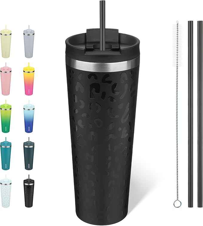 BJPKPK 26oz Insulated Tumbler With lid And Straw Stainless Steel Tumblers Travel Coffee Mug Reusable Thermal Cup,Black Leopard