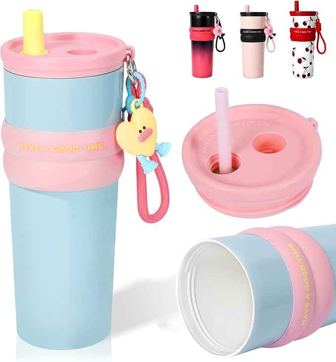 24 oz Stainless Steel Tumbler with Straw, Water Bottle Leak Proof for Hot and Cold, Insulated Coffee Travel Mug, Ceramic Lined Tumbler, Reusable Thermal Coffee Cup Gift for Women (Blue)