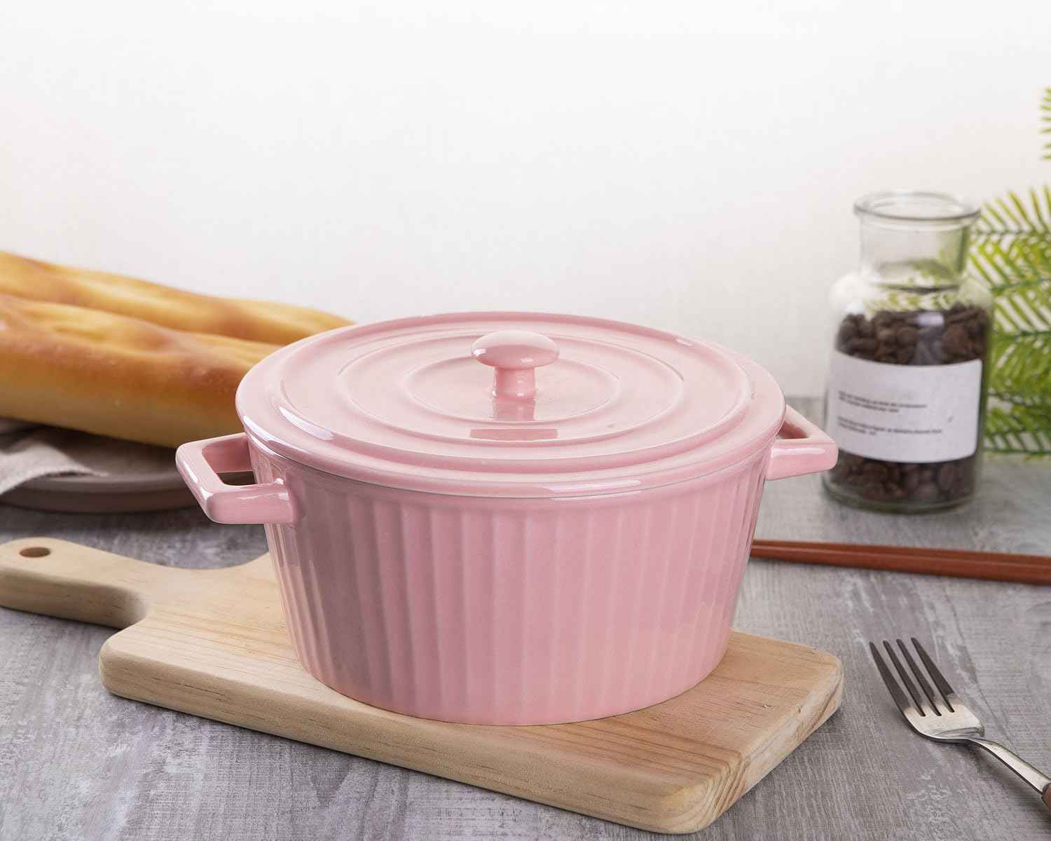 WHJY Pink Ceramic Casserole Dish with Lid，1 Quart Ceramic Casserole Pan for Bakeware Oven