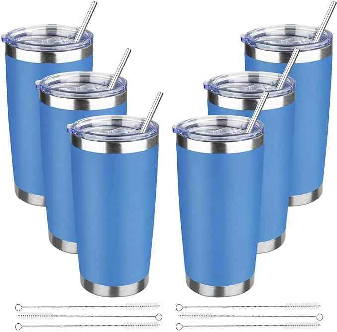 20 oz Tumbler with Lids and Straws, Stainless Steel Insulated Travel Coffee Mug, Double Wall Vacuum Insulated Tumblers, Powder Coated Coffee Tumbler for Cold & Hot Drinks (Sea Blue, 6 Pack)