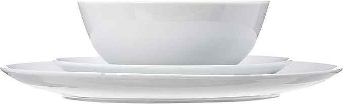 Amazon Basics 18-Piece Complete Kitchen Dinnerware Set, Microwave and Dishwasher Safe, Plates, Dishes, Bowls for Everyday Use, Service for 6, White Porcelain Coupe