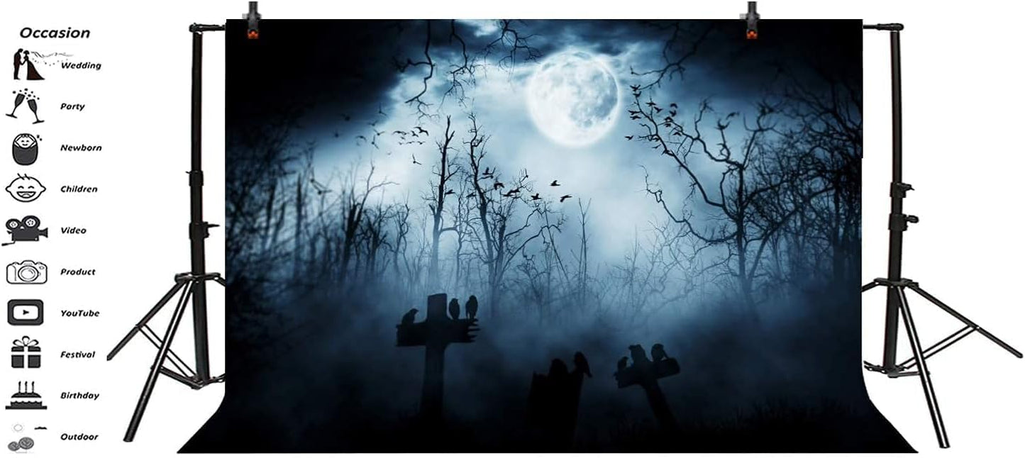 AOFOTO 12x8ft Moon Night Halloween Cemetery Photography Backdrop Flying Bats Birds Stand on Gravestone Cross Graveyard in Dark Forest Photo Background Cloth Vinyl Wallpaper Photo Studio Props