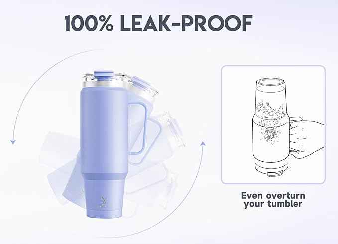 Meoky 40oz Tumbler with Handle, Stainless Steel Travel Mug with 2-in-1 Straw and Sip Lid, Vacuum Insulated Coffee Mug, 100% Leak Proof, Keeps Cold for 34 Hours or Hot for 10 Hours (Lilac)