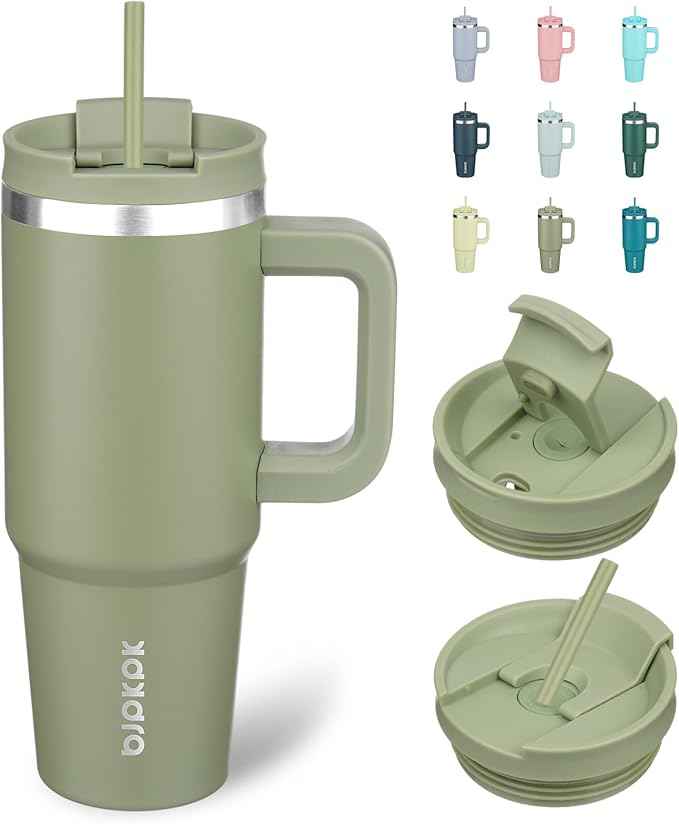 BJPKPK 30 oz Stainless Steel Tumbler With Handle Insulated Tumblers With 2 Straw Travel Coffee Mug With Lid,Sage
