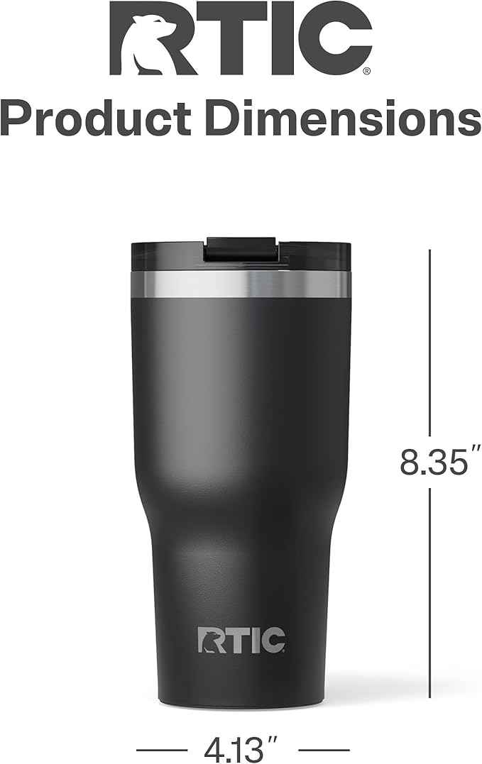 RTIC 30oz Essential Tumbler with Lid, Ceramic Lined, Insulated, Stainless Steel, Metal, Double Wall Vacuum-Insulation, Travel Cup for Iced Coffee, Tea, Hot and Cold Drink, Black