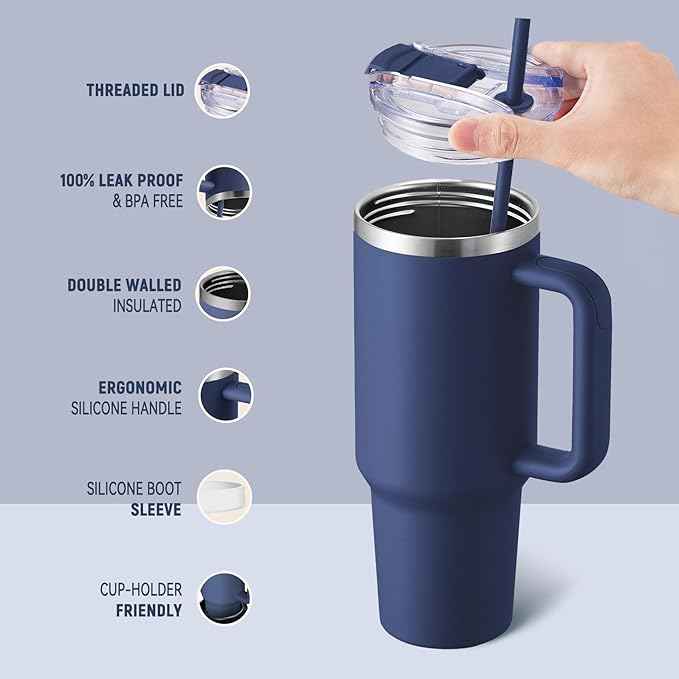 COKTIK 40 oz Tumbler With Handle and Straw, Insulated Tumbler With Leakproof Lids, Stainless Steel|BPA-Free, Cold for 24 H (Navy)
