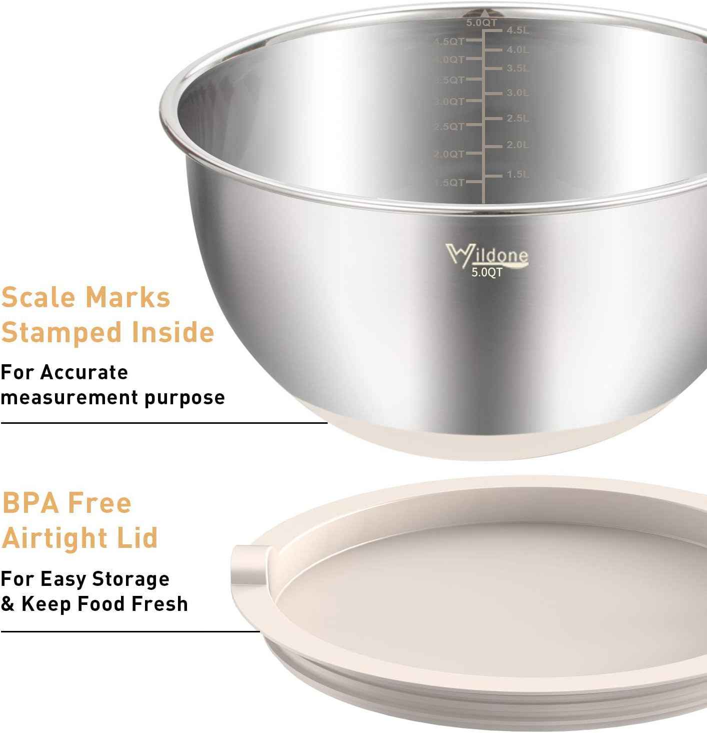 Wildone Mixing Bowls with Airtight Lids Set, 5PCS Stainless Steel Khaki Nesting Bowls for Kitchen, with Grater Attachments & Non-Slip Bottoms, Size 5, 3, 2, 1.5, 0.63 QT, Great for Mixing & Serving