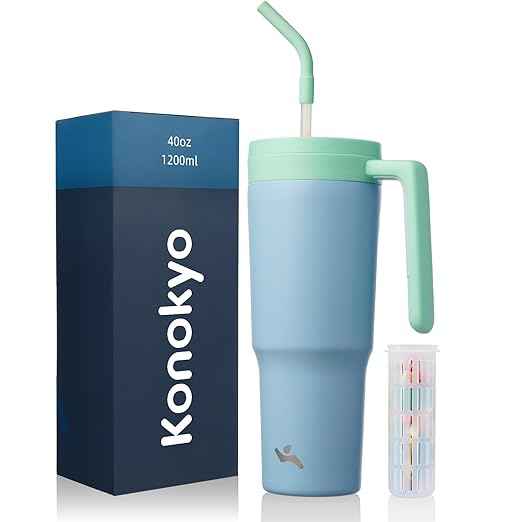 Konokyo Insulated Tumbler with Handle and Straw,40 OZ Vacuum Stainless Steel Water Bottle Travel Mug Metal Cup with Fruit Diffuser,Light Blue