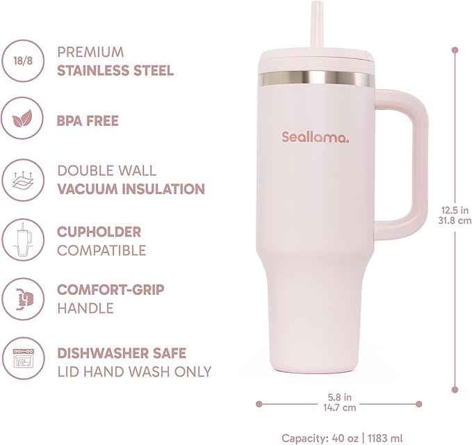 Seallama. Tumbler with Handle and Straw 40 oz | Cup Holder Compatible for Travel | Insulated Stainless Steel Cup | BPA-Free | (Pink Mochi)