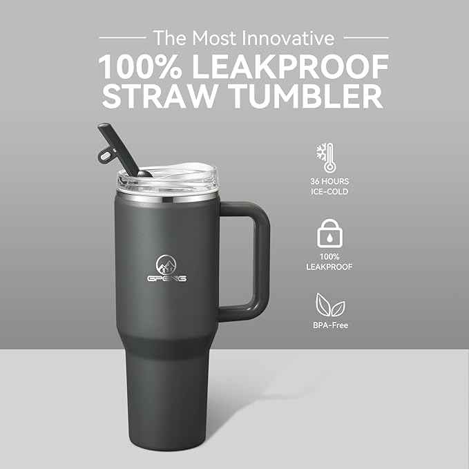 Gpeng 30/40/50 oz Tumbler with Handle, Water Bottles with Straw Lid, Insulated Stainless Steel Travel Mug Cup Holder Friendly, Keep Drinks Cold or Hot for Hours (LightGrey, 40 oz)