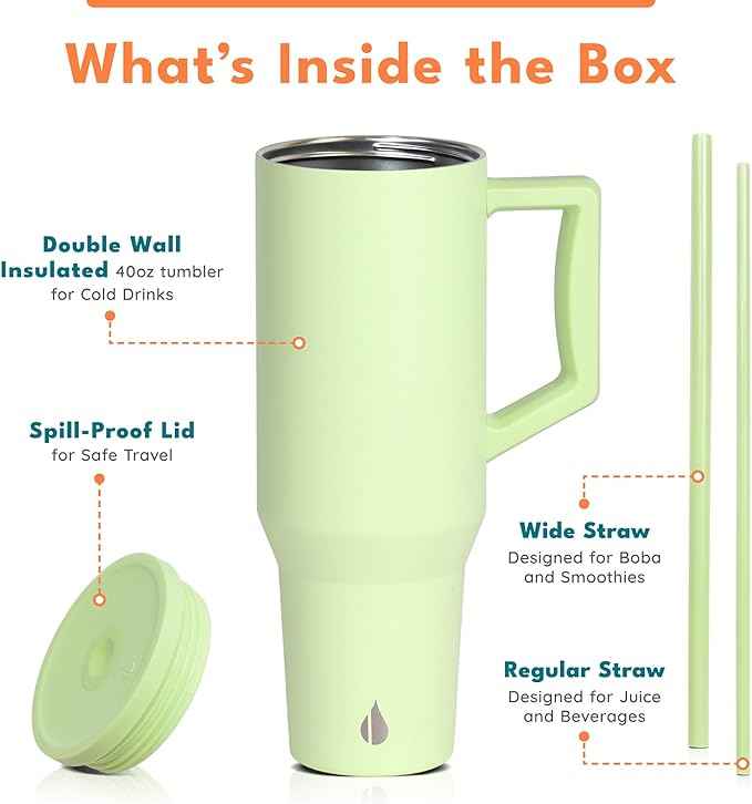 Elemental 40 oz Tumbler with Handle and Straw - Spill Proof Insulated Stainless Steel Commuter for Cold Beverages - Travel Coffee Mug with 2 Straws & Spill Proof Lid - 40oz - Key Lime