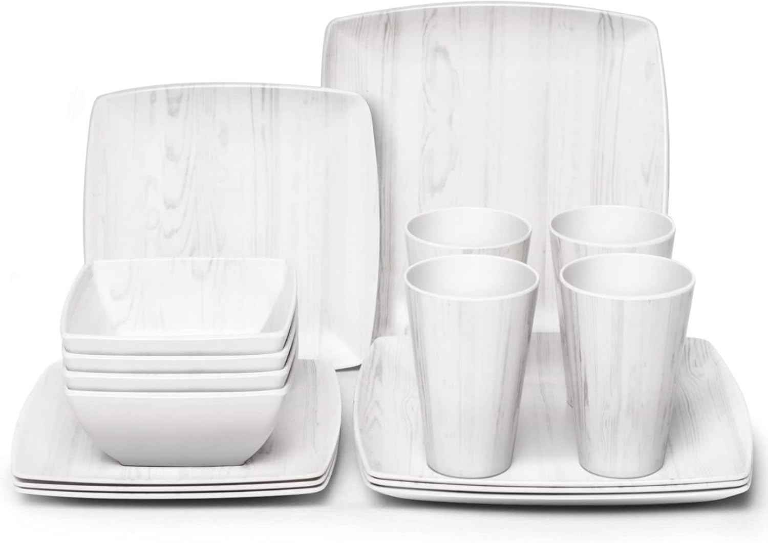 Melamine Dinnerware Set 16Pcs Wood-looking - Dish Dishware Square Mugs Tumbler Wood Grain Woodland Plastic Outdoor Plates Bowls Durable Service for 4