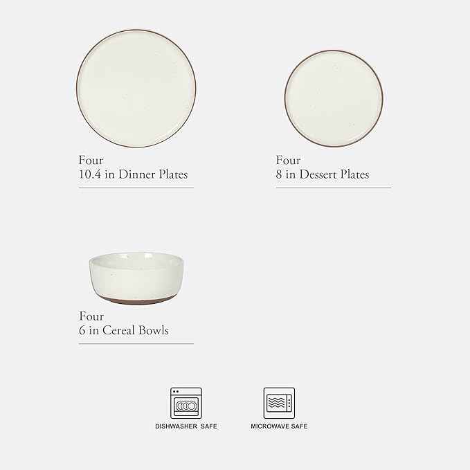 Gibson Elite Northrock Stoneware Dinnerware Set, 12-Piece Service for 4 Plates and Bowls Set – White Dishes with Hand-Painted Terracotta Base