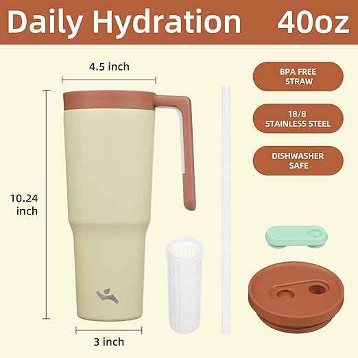 Konokyo Insulated Tumbler with Handle and Straw,40 OZ Vacuum Stainless Steel Water Bottle Travel Mug Metal Cup with Fruit Diffuser,Pistachio